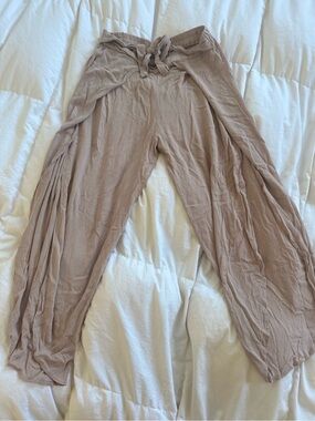 Flowy Taupe Wide-Leg Tie-Waist Pants